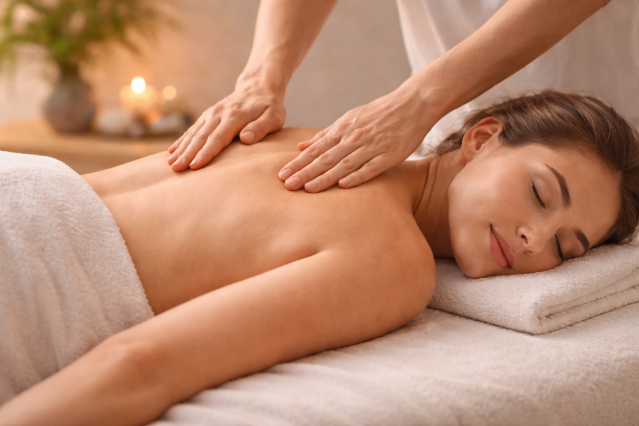 Close-up of classic back massage, warm beige and blush rose tones, no flowers.